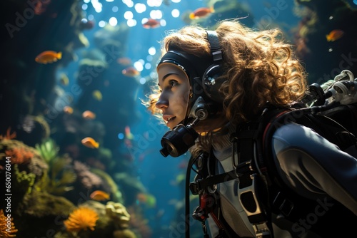 Skilled female diver gracefully explores the underwater world
