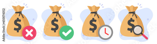Money transfer transaction review status icon vector graphic, suspicious fraud cash bank payment check mark illustration set, suspended cancel decline security finance notice, confirm order pay image