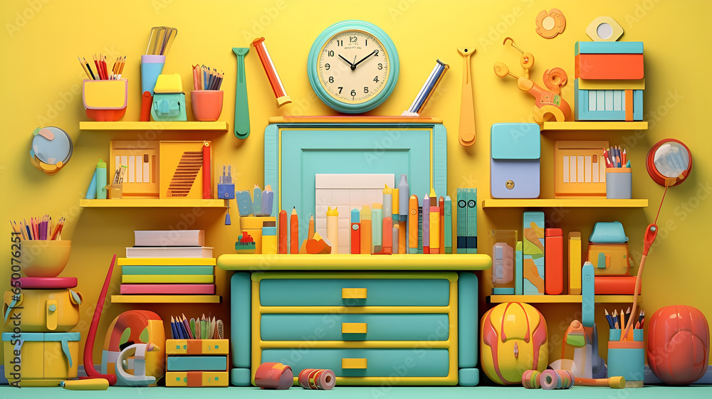 Back to school concept. Different various supplies, stationery at home desk