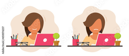 Woman girl happy work on laptop vector graphic, sad tired fatigue young female person wfh on computer pc, employee unhappy stress depressed negative and positive emotion, exhausted job study image
