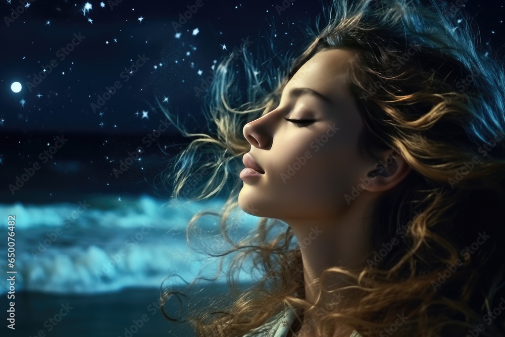 The girl is resting near the sea at night The girl is resting near the sea at night