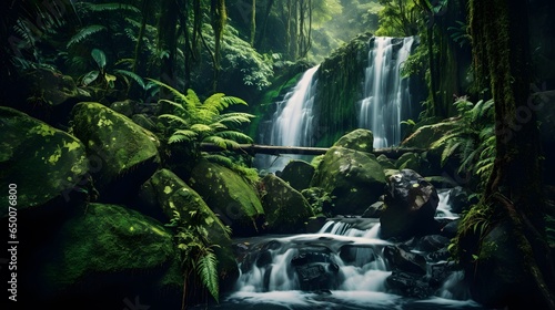 Panorama of a waterfall in a tropical rainforest with green foliage