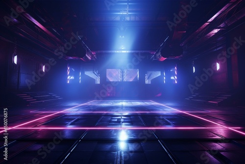 Dark foggy night club with glowing neon lights on a futuristic dance stage. The concrete studio is empty with a retro sci-fi vibe. Generative AI