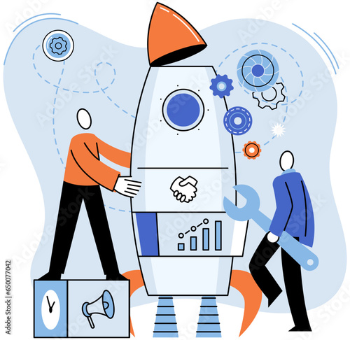Finding new ideas, complex problem solving. Teamwork search for solutions. Miniature people team working near rocket. Consultant or manager understands challenge and finds mechanism for decide it