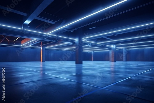 Futuristic empty warehouse, blue lighting, underground parking, concrete floor. 3D rendering. Generative AI