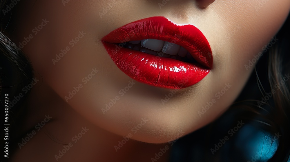 Fototapeta premium Portrait of a woman with full lips made up with lipstick, Close-Up | Generative AI