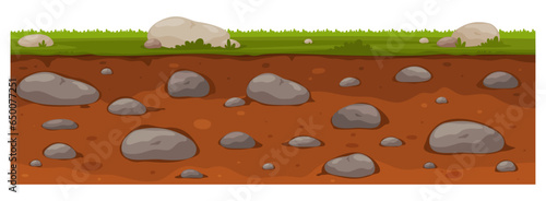 Ground in a section with different layers. Seamless pattern with land platforms for games. Vector illustration