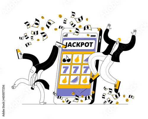 The characters happily jump next to the phone on which the jackpot has fallen out. A smartphone with a gambling game on the screen. Vector illustration on the topic of winning from online gambling.