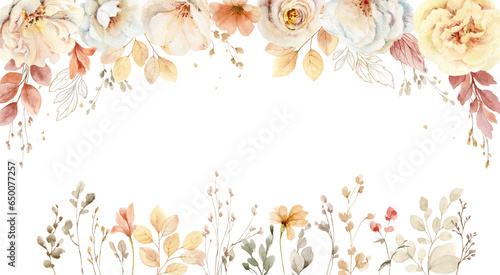 Watercolor set of flower borders with neutral flowers and leaves.  Fall banne...