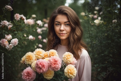 a beautiful young woman holding a bunch of flowers outdoors