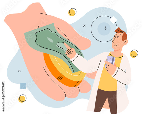 Concept of quick and easy credit. Male borrower received money loan for business development or for personal purposes, bank deposit. Profit, money management, gold coins and dollar bills in hand