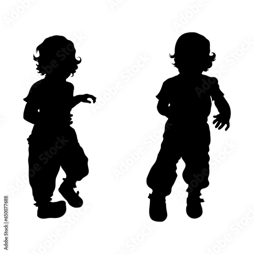Two vector silhouettes of a baby in full height, front and side views on a white background, 2 figures of a one-year-old girl