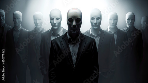 Anonymous group of persons standing with faceless masks. Postproducted generative AI illustration.
