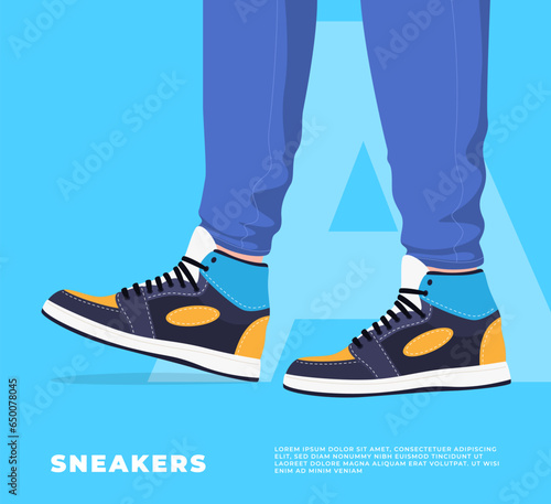 Lower part of human legs with sneakers. Fashionable sports shoes for sports and walks. Vector illustration