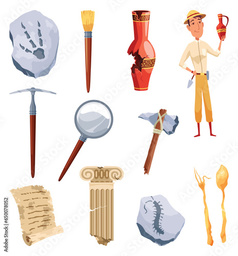 Archeology icon set. Ancient artifacts with images of digging tools and elements of antiquity. Archeology explorer, science equipment, ancient artifacts including fossils, amphora