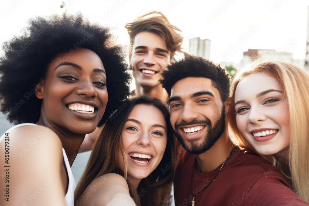 Fototapeta premium cropped shot of a group of young friends taking selfies outside