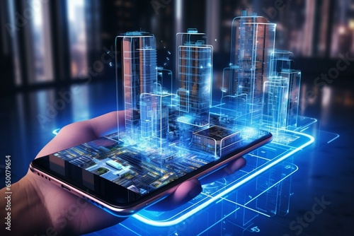 Illustration: digital twin technology in smart buildings, using sensor data on a smartphone screen. Generative AI