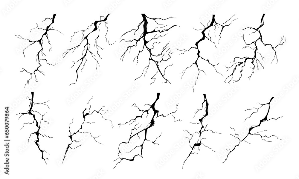 Lightning strike bolt silhouettes vector illustration set. Black thunderbolts and zippers are natural phenomena isolated on a white background. Thunderstorm electric effect of light and shining flash.
