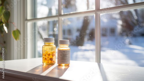 Vitamin D capsules tablets on the windowsill near a snowy winter window. Omega 3 fish oil capsules and a glass bottle. Winter lack of sunshine