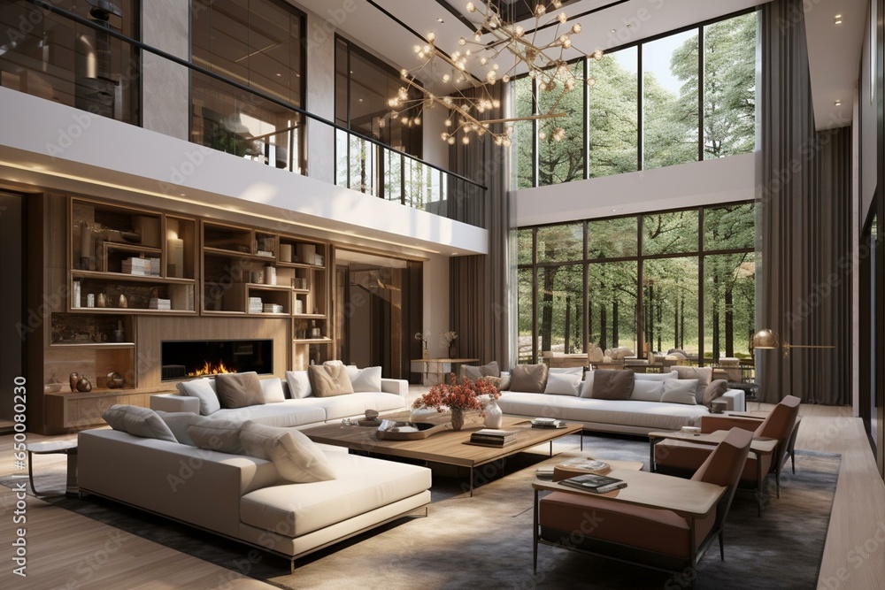 Spacious upscale 3D living room rendering. Generative AI