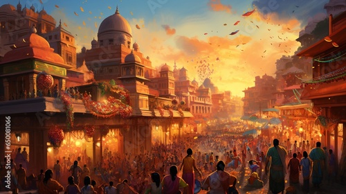 Dazzling Diwali Celebrations. A Vibrant Cityscape Filled with Joyful Crowds
