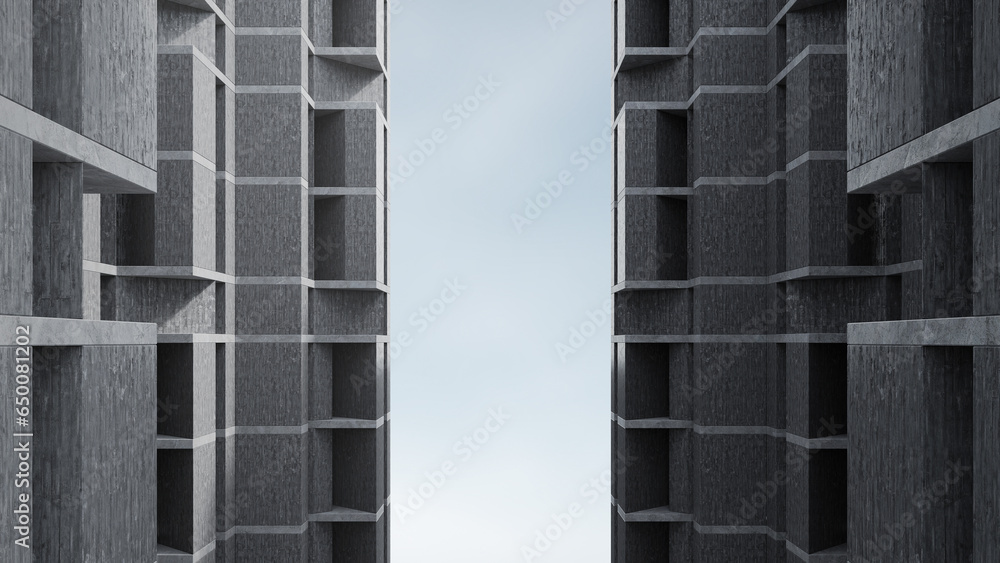 Concrete building with brutalism design. 3d rendering of abstract architecture with sky background.