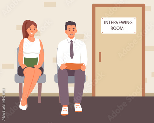 Man and woman sitting near interviewing room, waiting for interview. Waiting for an interview. Work of human resources department. Flat vector illustration in cartoon style