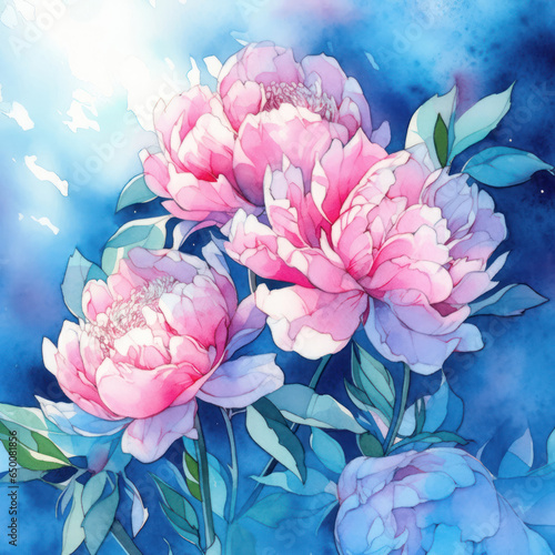 Elegant watercolor peonies, floral illustration in pastel tones