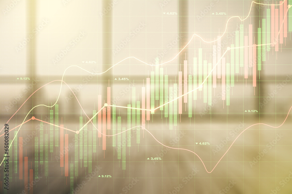 Multi exposure of abstract virtual financial graph hologram on empty corporate office background, forex and investment concept Multi exposure of abstract virtual financial graph hologram on empty corporate office background, forex and investment concept