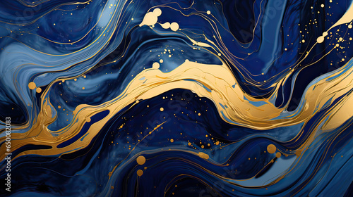Abstract liquid gold patterns, flowing smoothly against a deep blue backdrop. AI generative