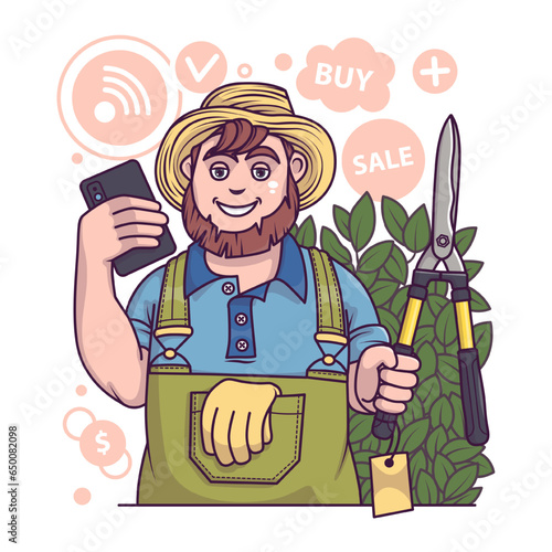 Adult man holding pruner and selecting instruments. Buying tools for gardener. Shopping and delivery concept. Flat vector illustration in cartoon style in green colors