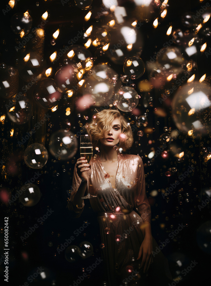 A luxurious cocktail party with champagne on New Year's Eve. A young, elegant woman in a glittering gold dress toasts the holidays. A luxurious cocktail party with champagne on New Year's Eve. A young, elegant woman in a glittering gold dress toasts the holidays.