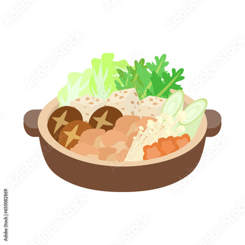 鶏肉の寄せ鍋。フラットなベクターイラスト。
Japanese chicken stew. Flat designed vector illustration.