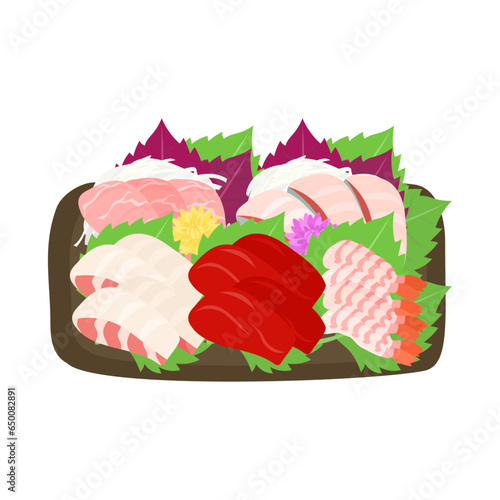 刺身の盛り合わせ（お造り）。フラットなベクターイラスト。
Assorted sashimi. Flat designed vector illustration.