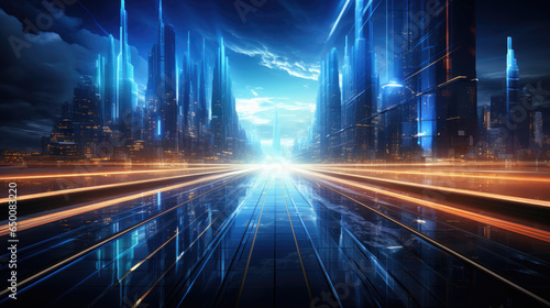 Light Speed Trails Path Through Smart Modern Mega City