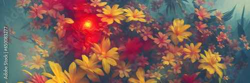 Bright tropical flowers, background, banner, ai generated