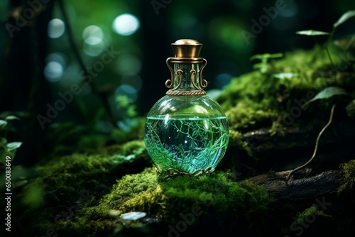 Mysterious potion in an enchanting vial among lush woods. Generative AI