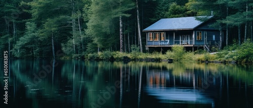 Cinematic landscape photography of a lake house at the edge of forest