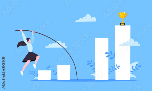Businesswoman jumps pole vault over graph bars flat style design vector illustration business concept. Business growth and goal achievement concept.