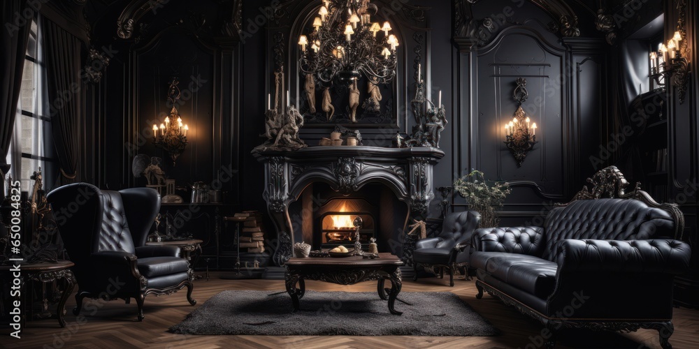 A dark gothic living room interior with high ceilings