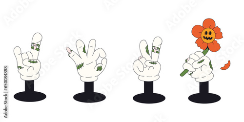 Groovy retro halloween set of zombie hand. Funky cartoon characters and elements. Happy Halloween day 70s groovy vector
