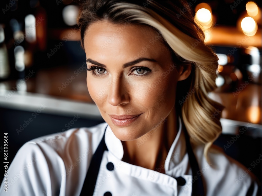 Fototapeta premium Female chef posing next to a table in kitchen. Studio photo