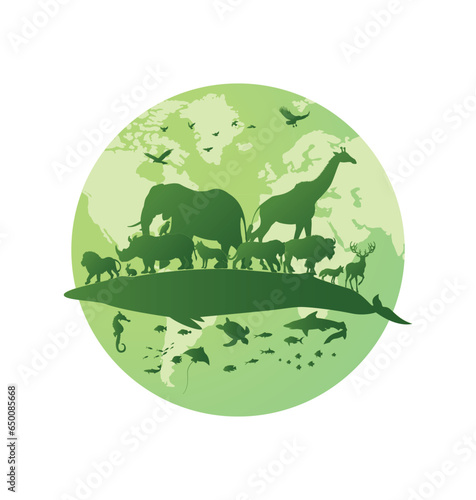Wildlife Globe Emblem — Green Earth with African Animal Silhouettes