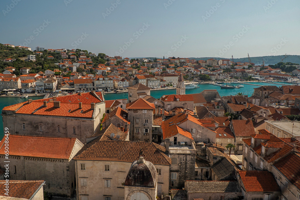 Aerial view from clock tower of Trogir medieval town in Dalmatia Croatia UNESCO World Heritage Site Old city and building detail
