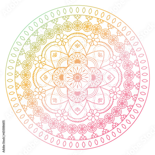 Soft gradient mandala ornament outline pattern. Indian geometric art graphic. Isolated coloring book.