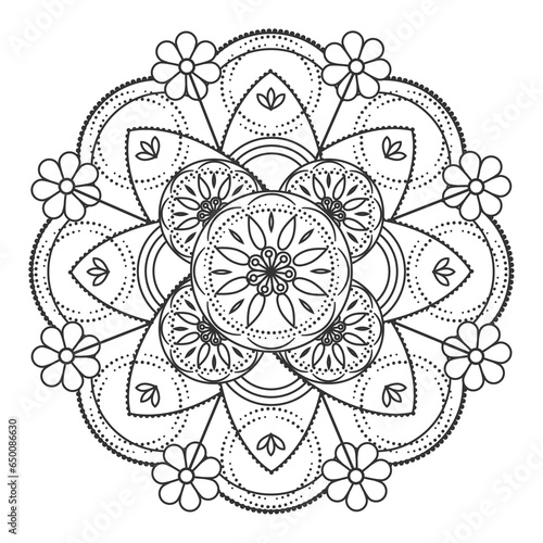 Mandala ornament outline pattern. Indian geometric art graphic. Isolated coloring book.
