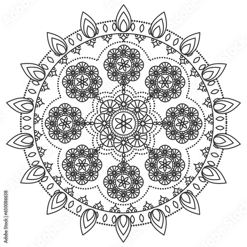 Mandala ornament outline pattern. Indian geometric art graphic. Isolated coloring book.
