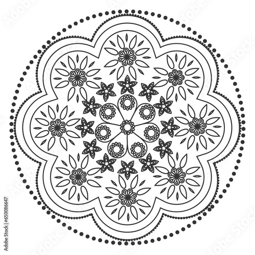 Mandala ornament outline pattern. Indian geometric art graphic. Isolated coloring book.