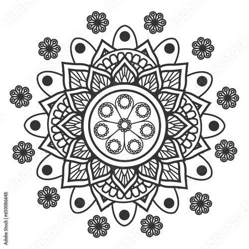 Mandala ornament outline pattern. Indian geometric art graphic. Isolated coloring book.