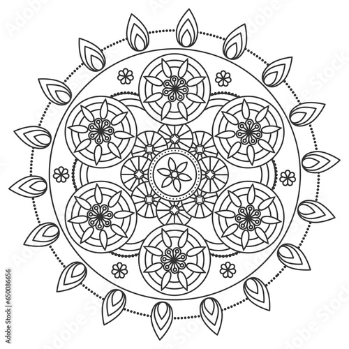 Mandala ornament outline pattern. Indian geometric art graphic. Isolated coloring book.